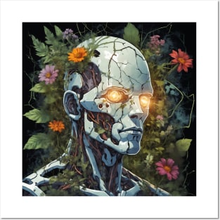 Cyborg with cracked head full of plants Posters and Art